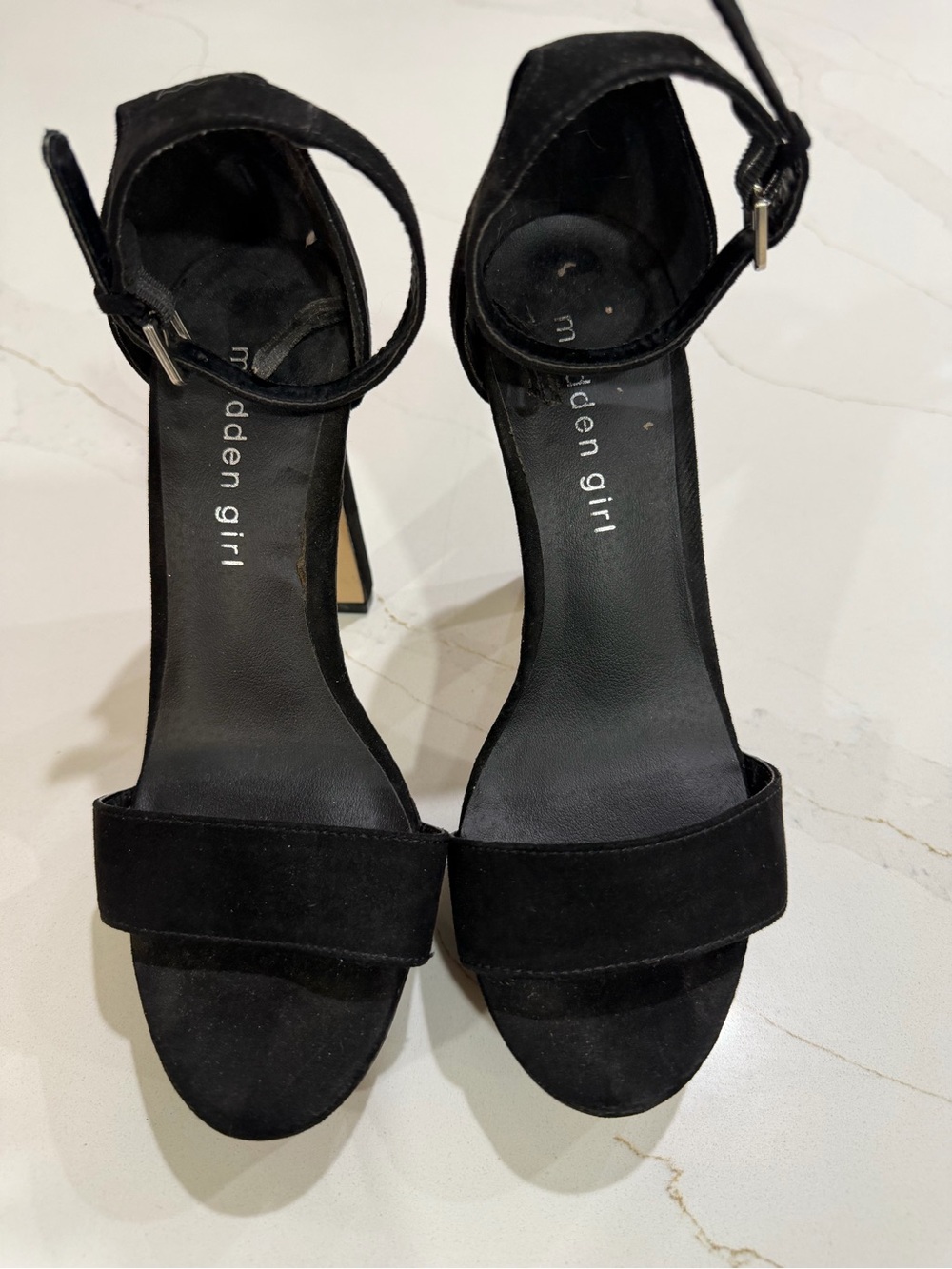 Madden Girl Black Suede Ankle-Strap Block Heels
